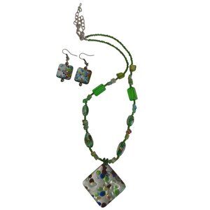 Handcrafted Green Bead and Pendant Glass Necklace & Hook Dangle Earrings Set
